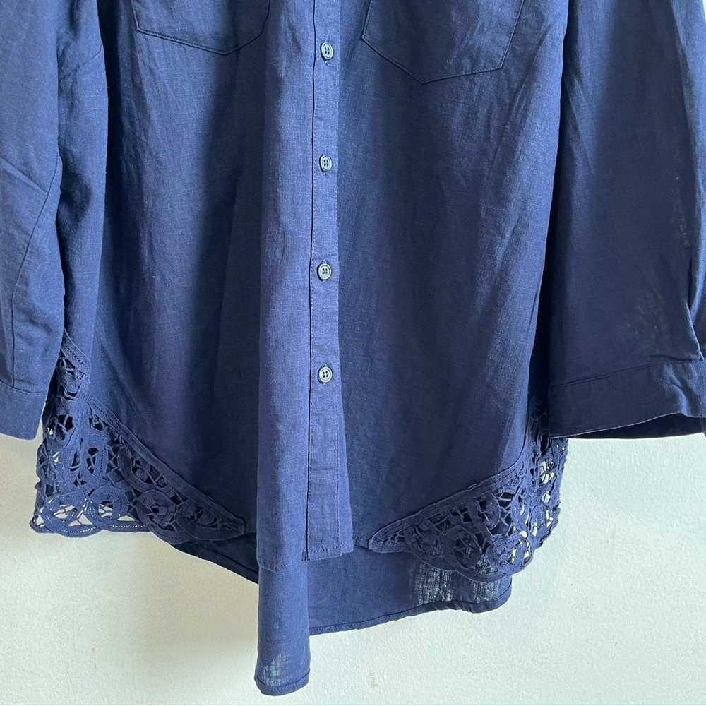 Penningtons Navy Linen Blend Blouse with Lace Hem - Picture 3 of 16